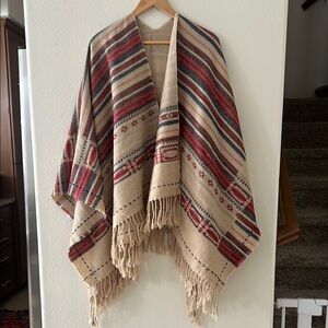 Red & Beige Woven Poncho